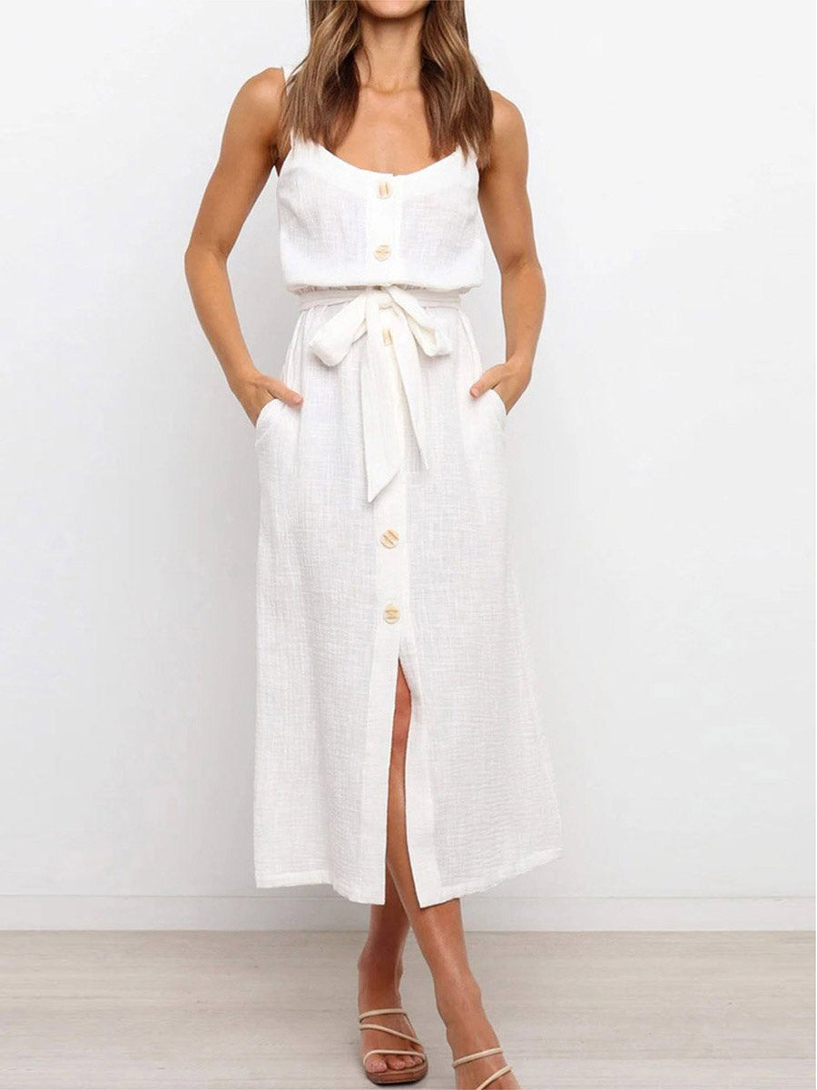 Bellevoga Button Slit Belt Dress