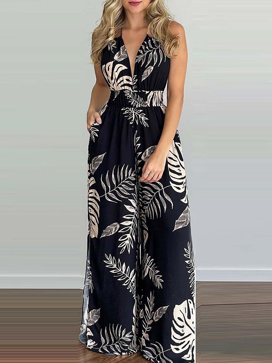 Bellevoga Printed Hanging Neck Sexy Backless Split Jumpsuit