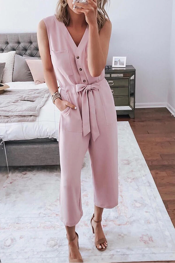 Bellevoga Buttoned Sleeveless Cropped Jumpsuit With Sash