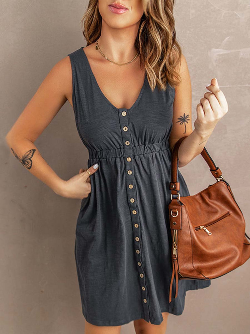 Bellevoga Casual Buttons Vest Dress(9 Colors)