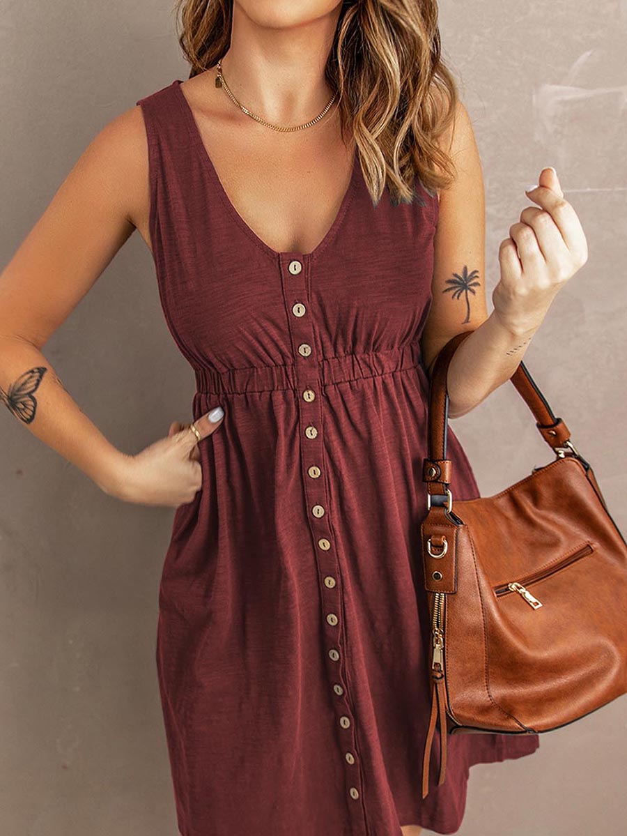 Bellevoga Casual Buttons Vest Dress(9 Colors)