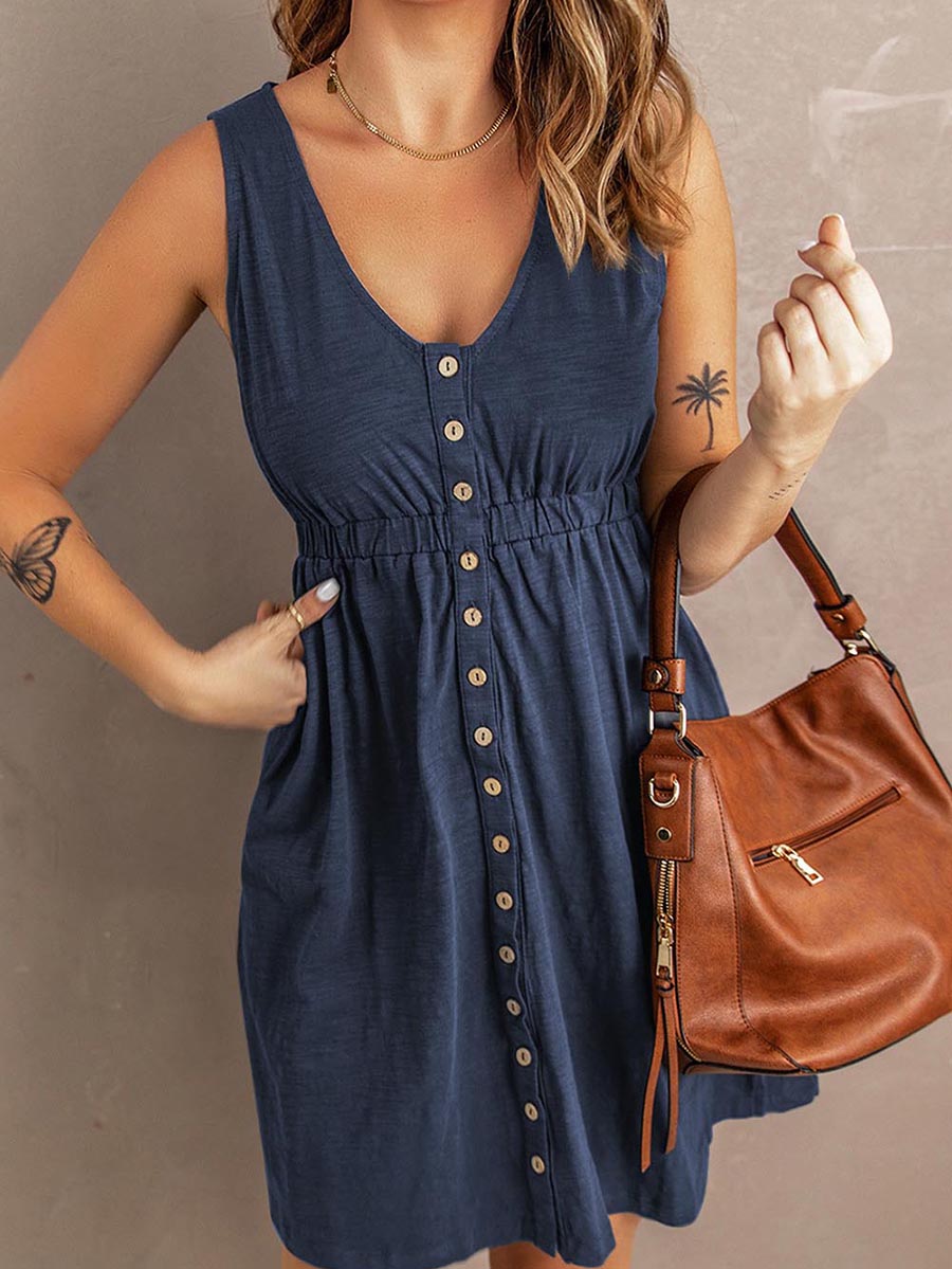 Bellevoga Casual Buttons Vest Dress(9 Colors)