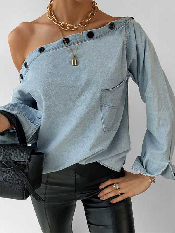 Bellevoga Off-Shoulder Button Denim Shirt