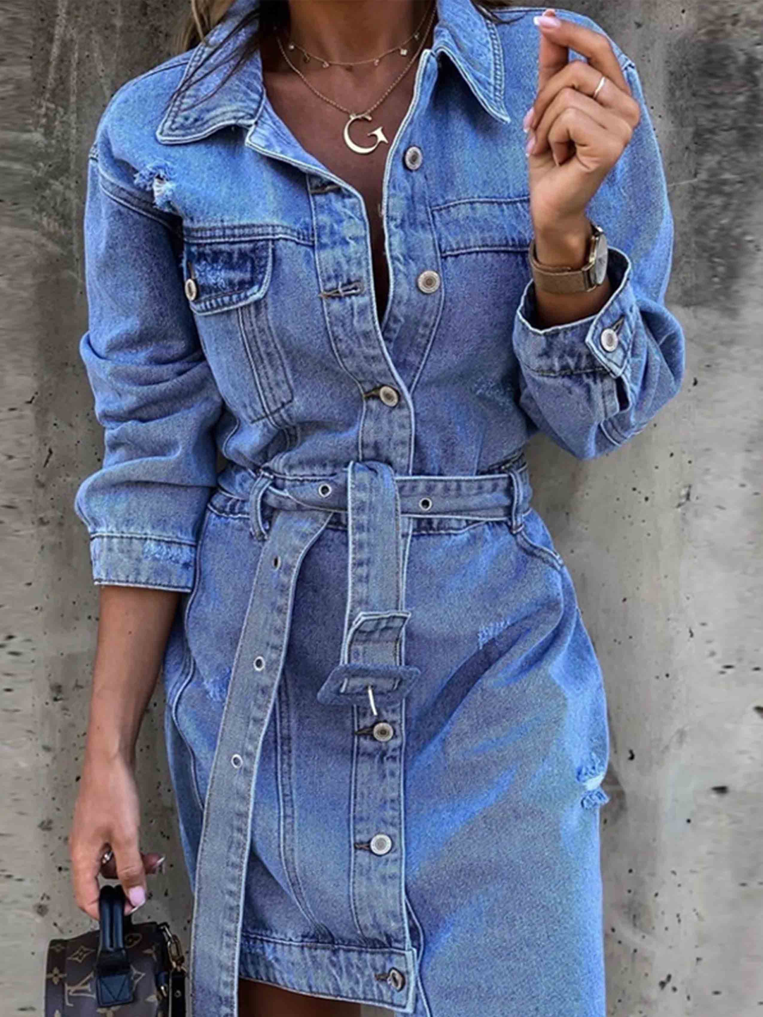 Bellevoga Sexy Denim Dress With Belt