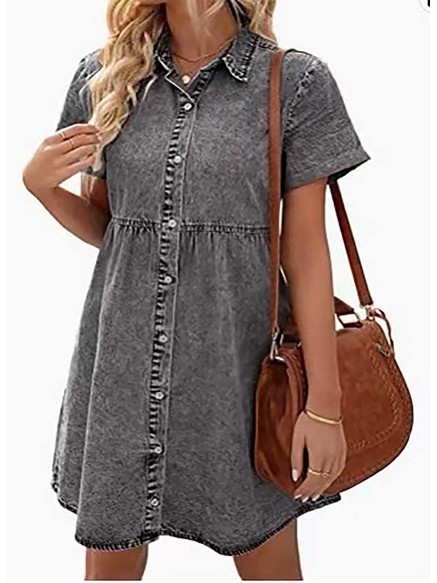 Bellevoga Washed Denim Lapel Loose Sweetheart Ruffle Dress