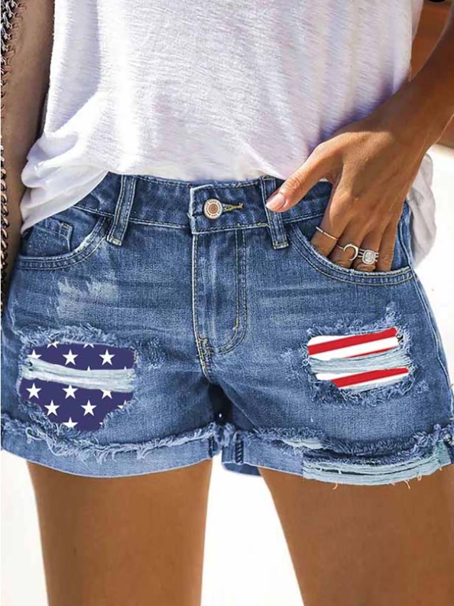 Bellevoga National Flag Torn Denim Shorts