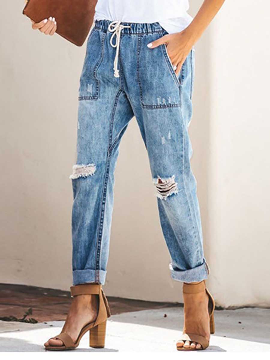 Bellevoga Drawstring elastic waist ripped denim pants casual pants