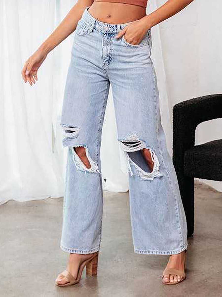 Bellevoga Stylish ripped mid-waist wide-leg denim pants