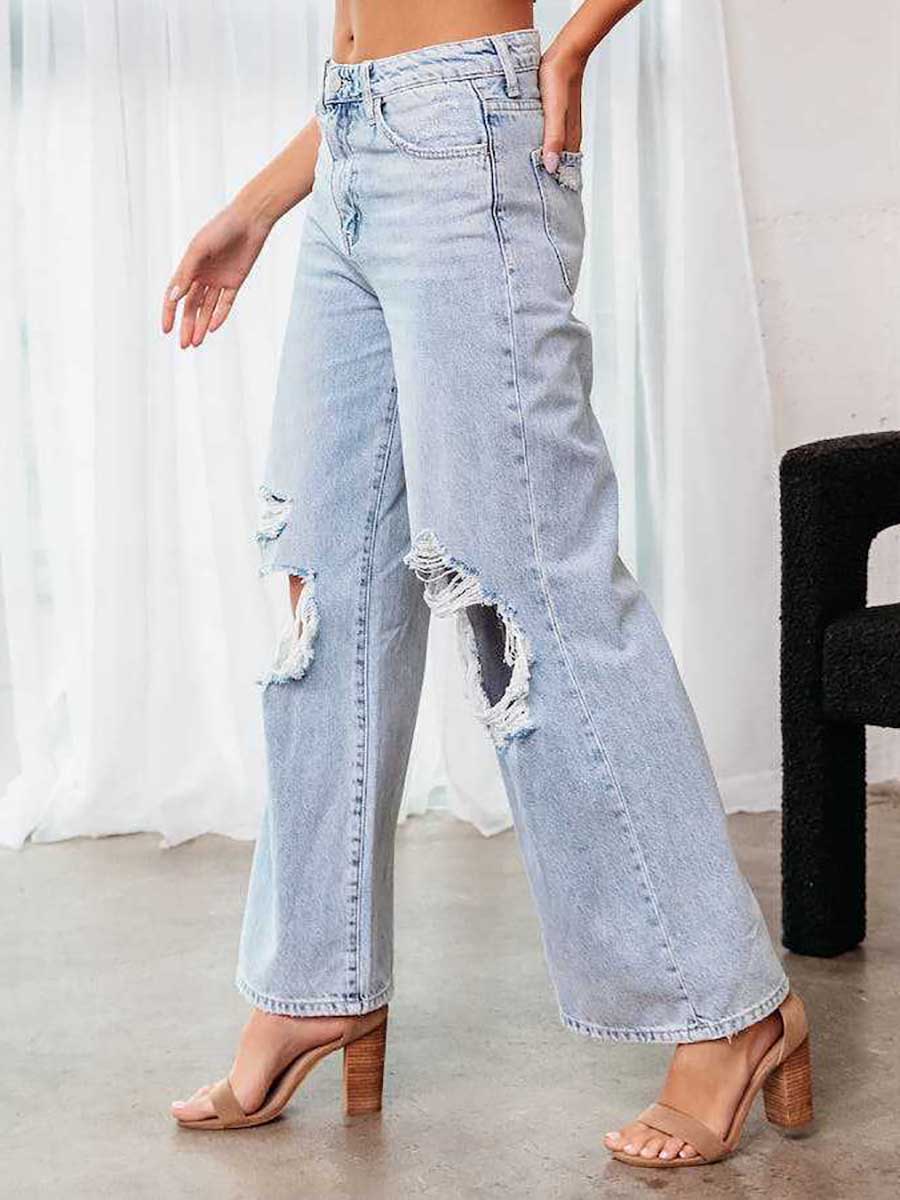 Bellevoga Stylish ripped mid-waist wide-leg denim pants