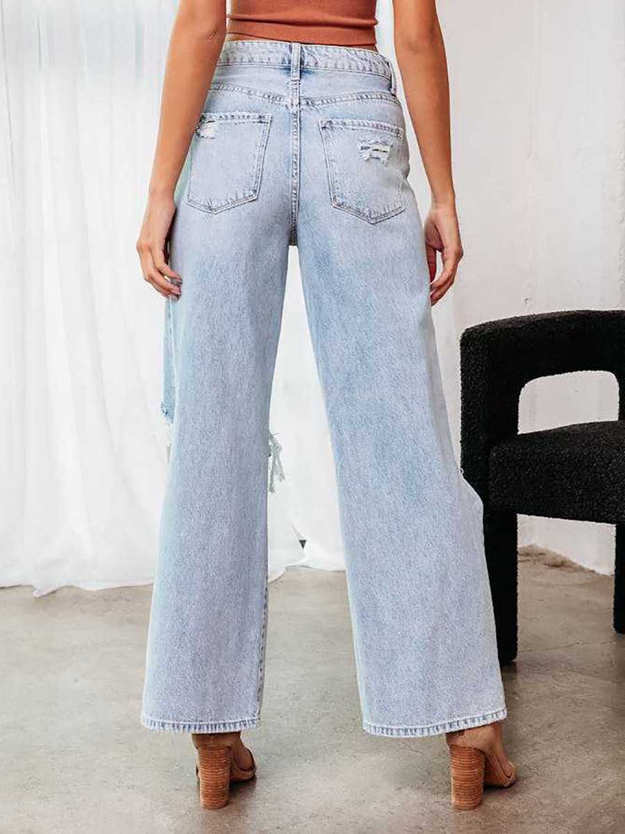 Bellevoga Stylish ripped mid-waist wide-leg denim pants