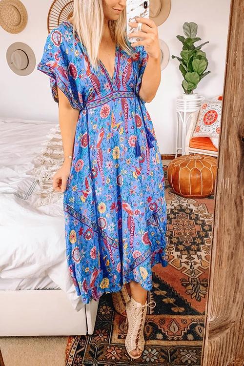 Floral Print V Neck Maxi Dress