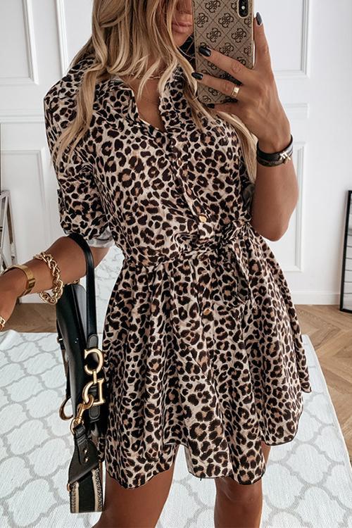 Bellevoga Animal Print Belted Mini Dress