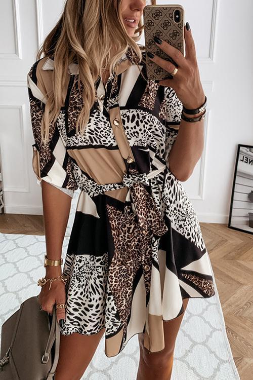 Bellevoga Animal Print Belted Mini Dress