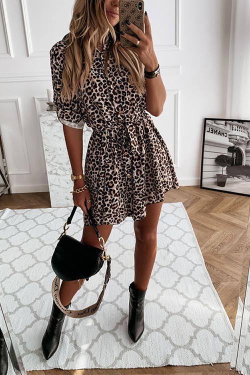 Bellevoga Animal Print Belted Mini Dress