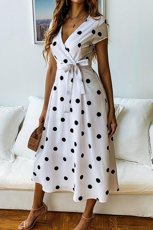 Bellevoga Dot Print V Neck Sleeveless Dress