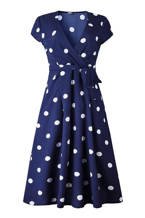 Bellevoga Dot Print V Neck Sleeveless Dress