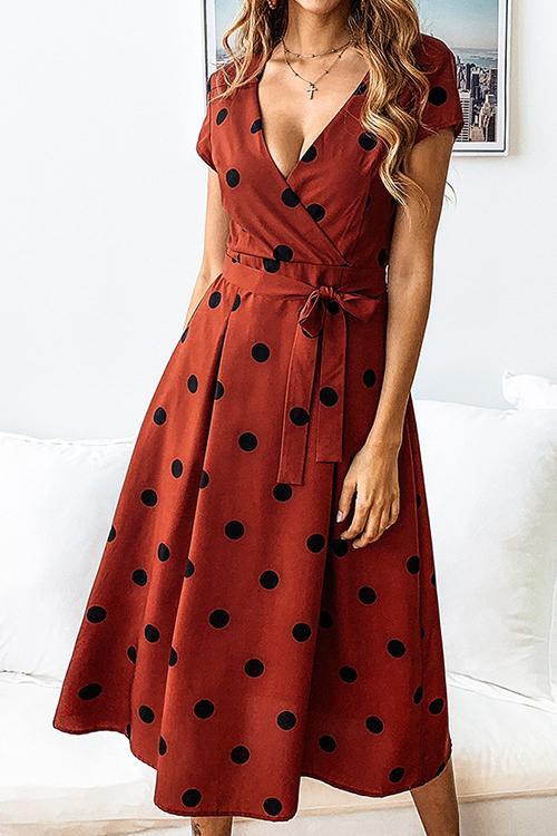 Bellevoga Dot Print V Neck Sleeveless Dress