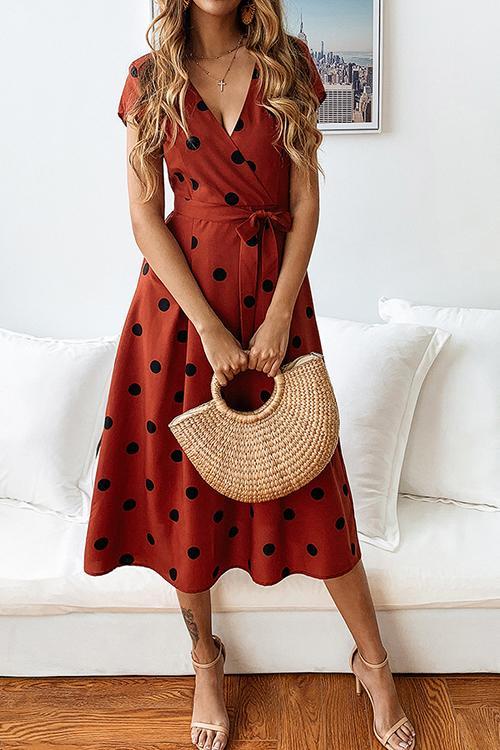 Bellevoga Dot Print V Neck Sleeveless Dress