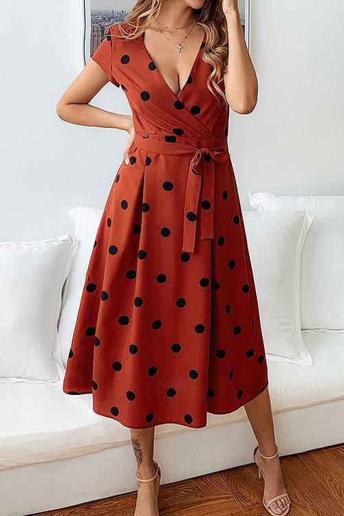 Bellevoga Dot Print V Neck Sleeveless Dress