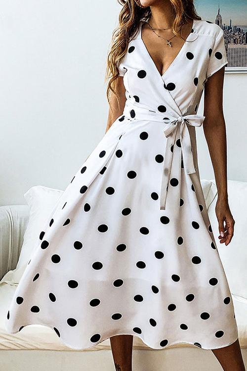 Bellevoga Dot Print V Neck Sleeveless Dress