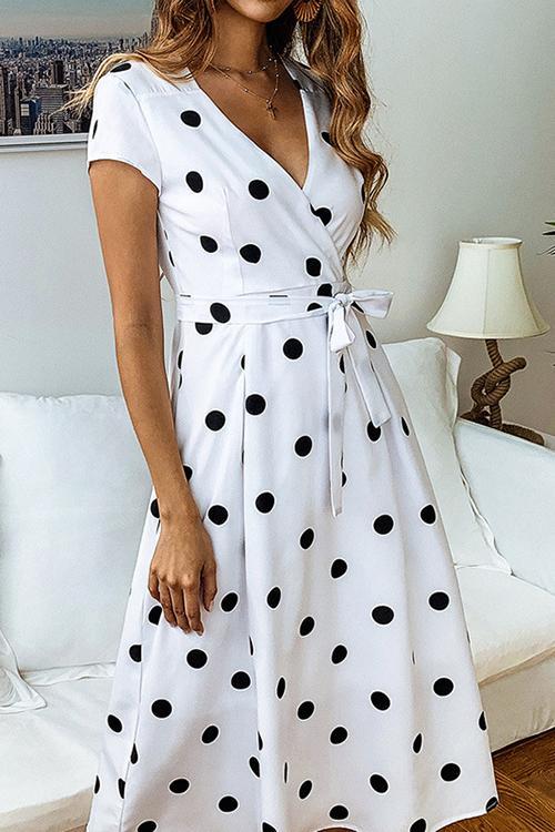 Bellevoga Dot Print V Neck Sleeveless Dress