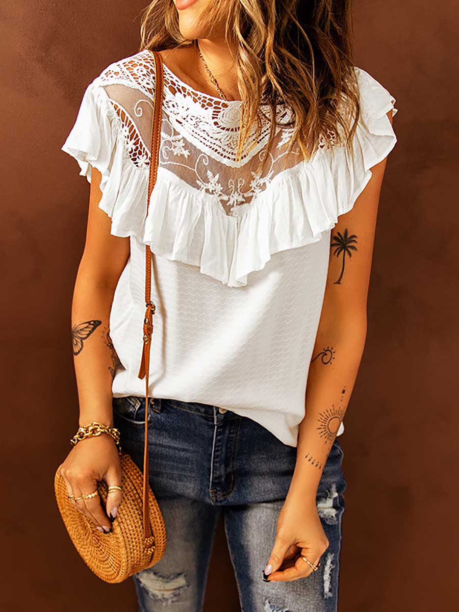 Bellevoga Lace Ruffle Round Neck Top