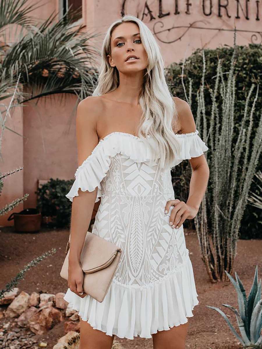 Bellevoga Lace Pleated Ruffle One-Shoulder Dress