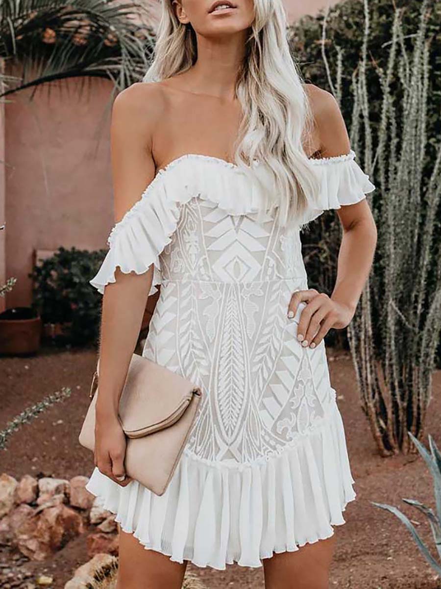 Bellevoga Lace Pleated Ruffle One-Shoulder Dress