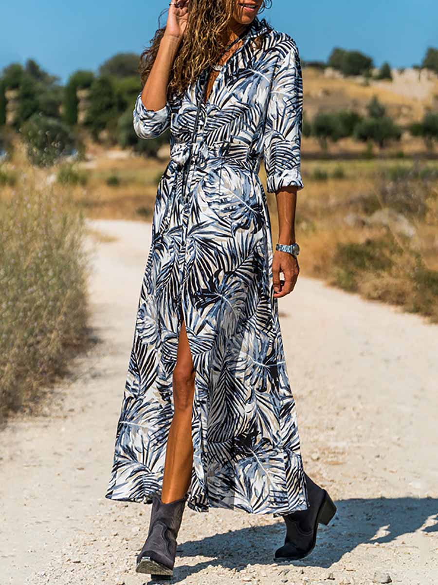 Bellevoga Printed Lace-Up Loose Maxi dress