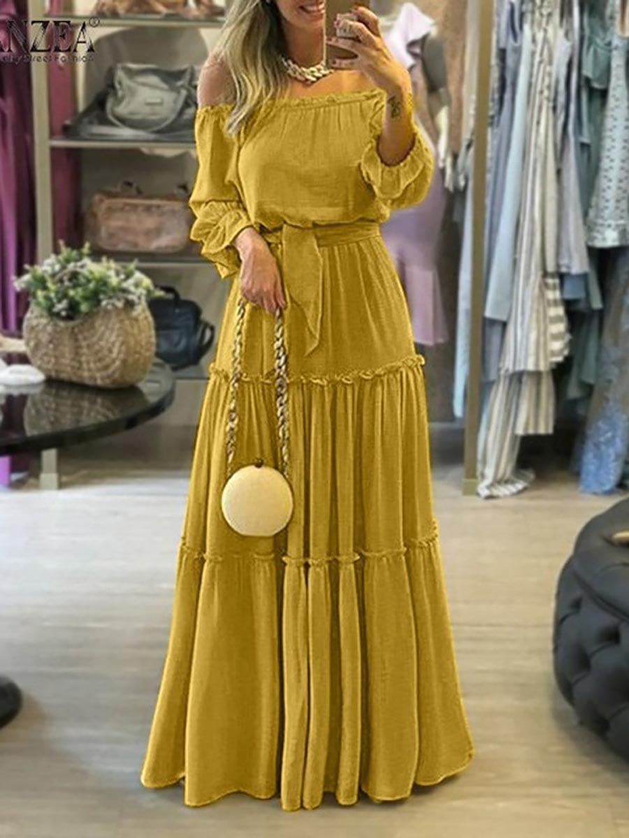 Bellevoga Solid Color Laced Maxi Dress