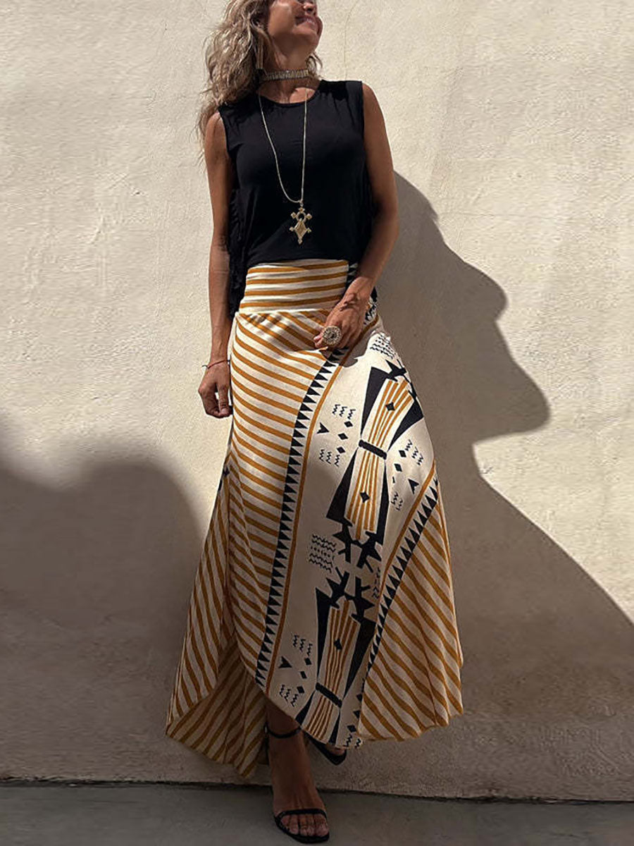 Bellevoga Eva Satin Geometric Print Elastic Waist Maxi Skirt