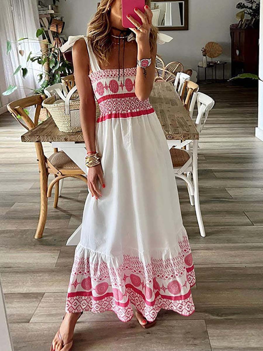 Bellevoga Printed Smocked Shoulder Tie Maxi Dress