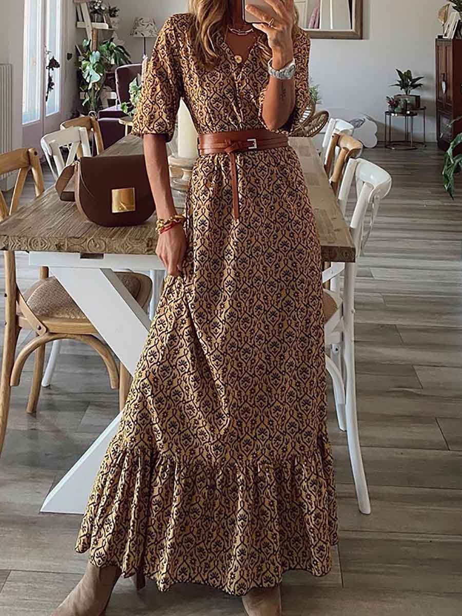 Bellevoga Bohemian Print Short-Sleeved V-Neck Dress