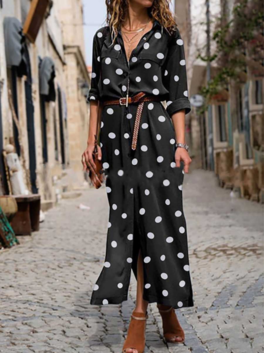 Bellevoga Polka Dot Maxi Shirt Dress