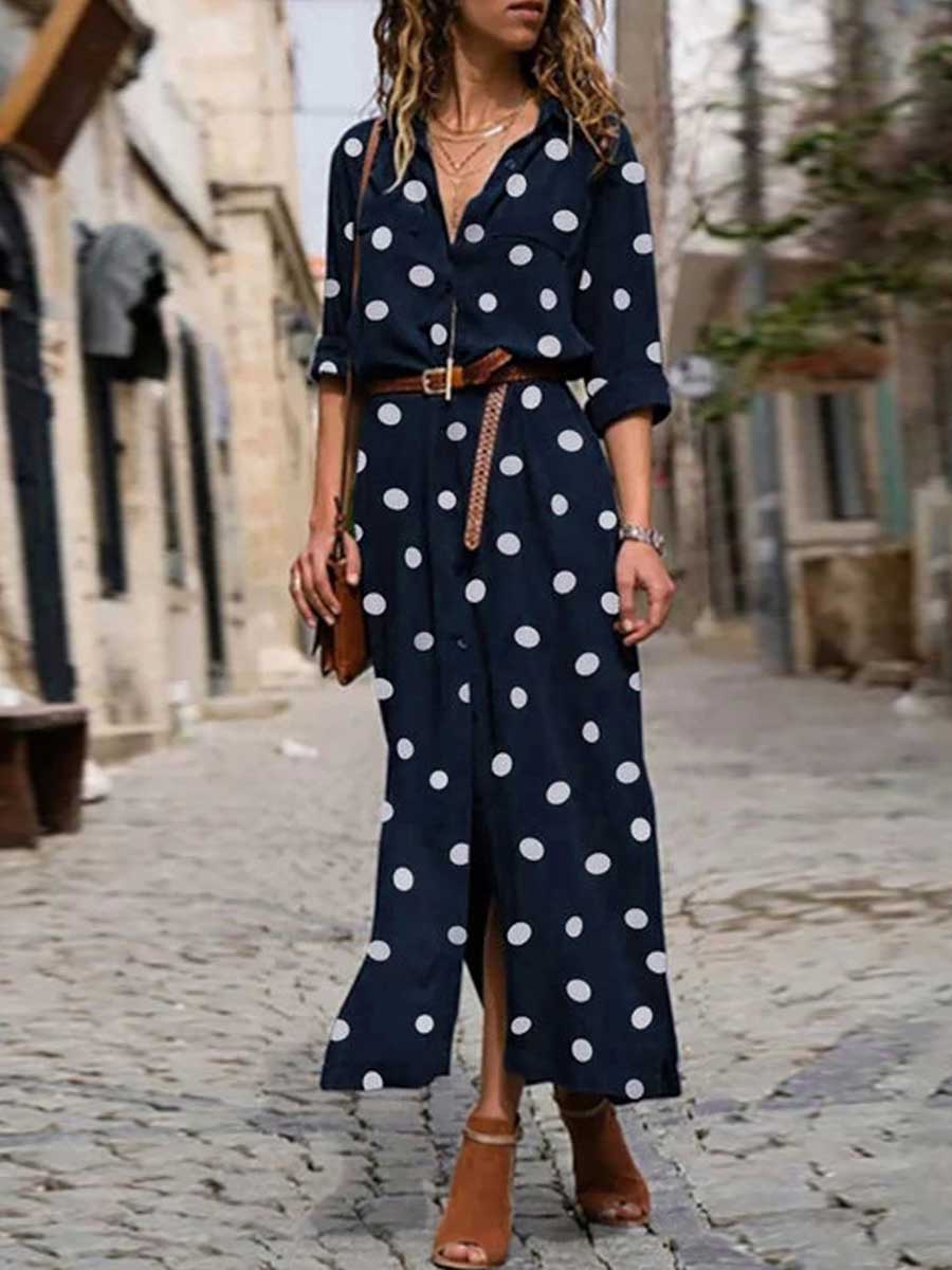 Bellevoga Polka Dot Maxi Shirt Dress