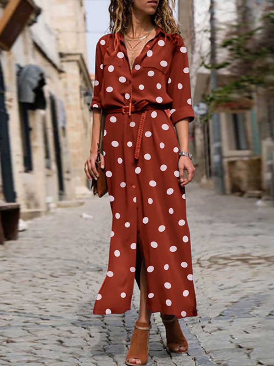 Bellevoga Polka Dot Maxi Shirt Dress