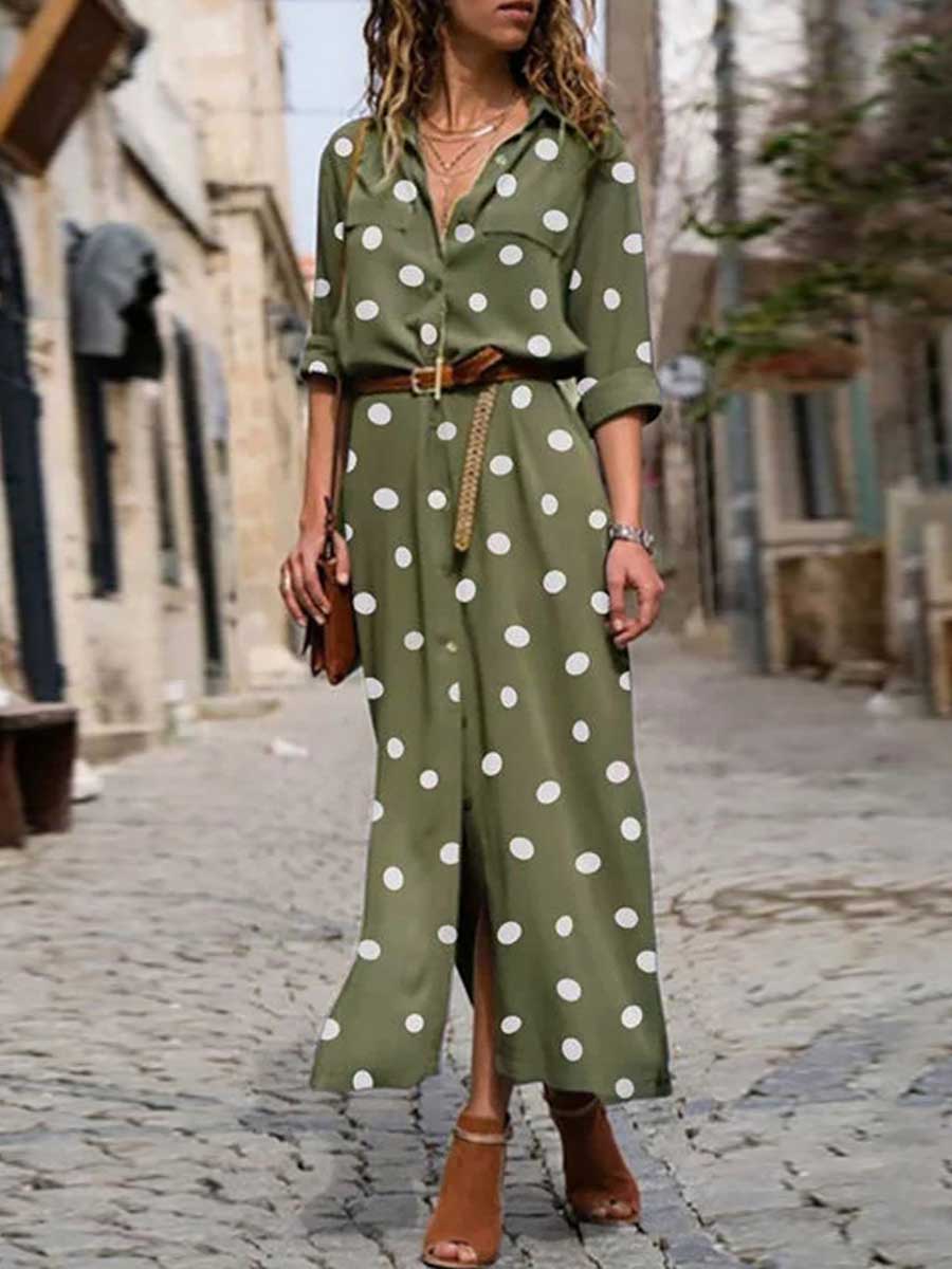 Bellevoga Polka Dot Maxi Shirt Dress