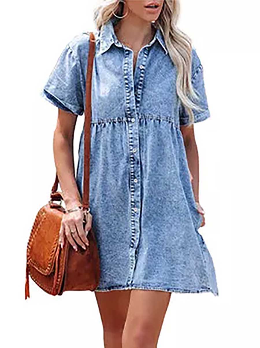 Bellevoga Washed Denim Lapel Loose Sweetheart Ruffle Dress