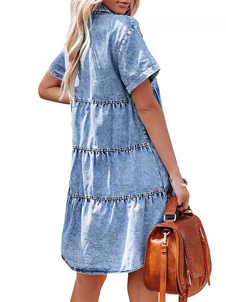 Bellevoga Washed Denim Lapel Loose Sweetheart Ruffle Dress