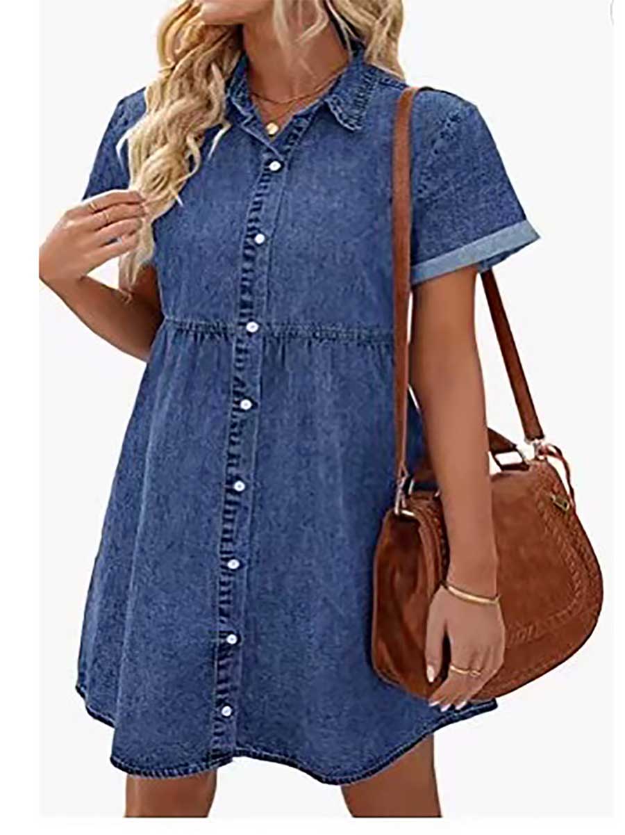 Bellevoga Washed Denim Lapel Loose Sweetheart Ruffle Dress