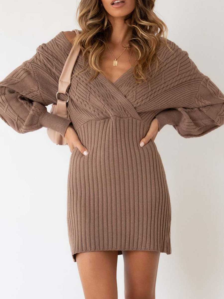 Bellevoga V-neck Sexy Twist Mid-length Women's Sweater Wrap Skirt