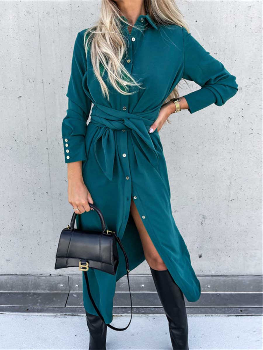 Bellevoga Long Solid Color Cardigan Long Sleeve Hem Dress