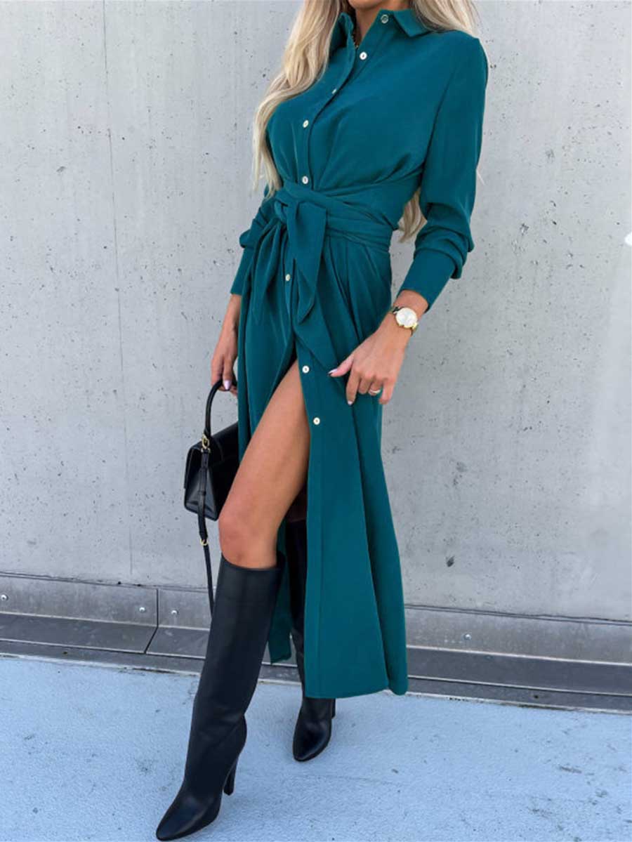 Bellevoga Long Solid Color Cardigan Long Sleeve Hem Dress