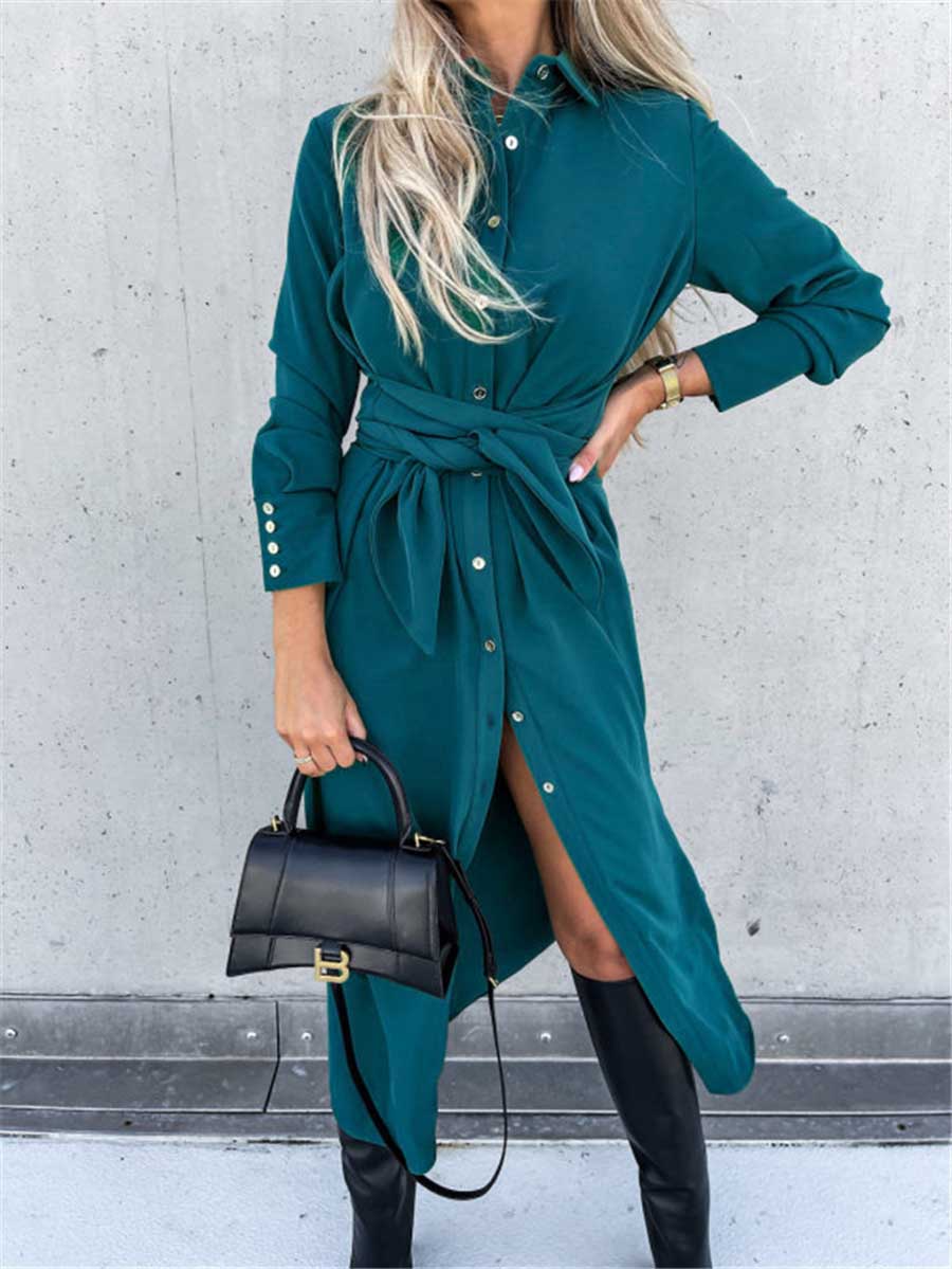 Bellevoga Long Solid Color Cardigan Long Sleeve Hem Dress