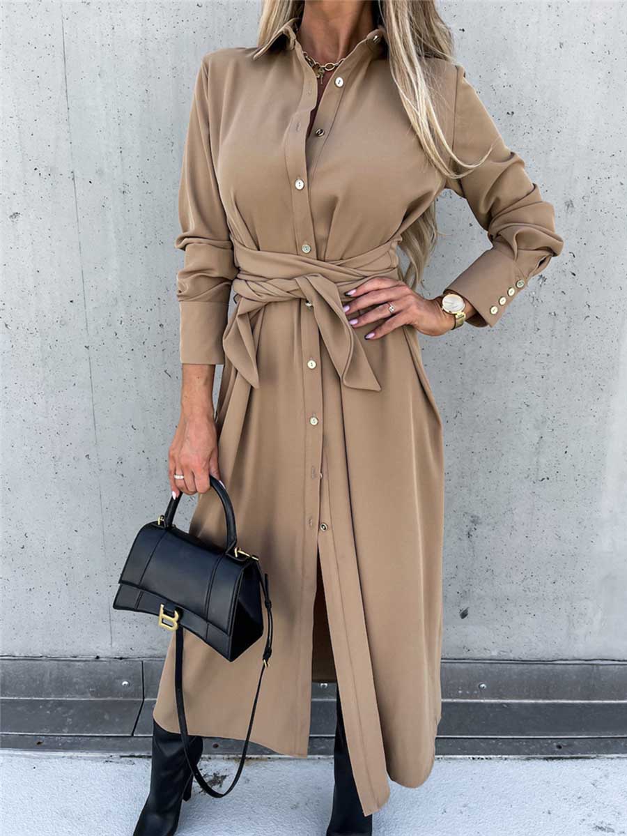 Bellevoga Long Solid Color Cardigan Long Sleeve Hem Dress