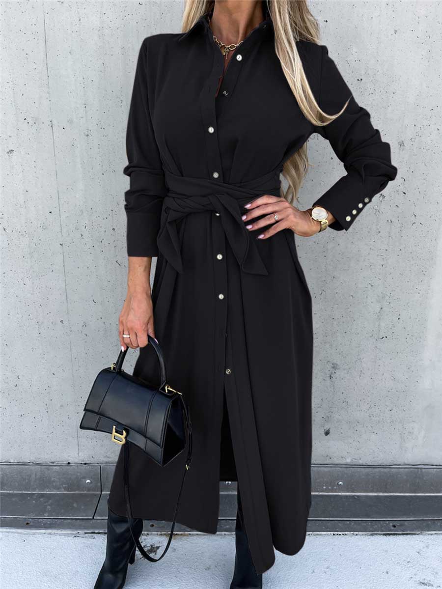 Bellevoga Long Solid Color Cardigan Long Sleeve Hem Dress