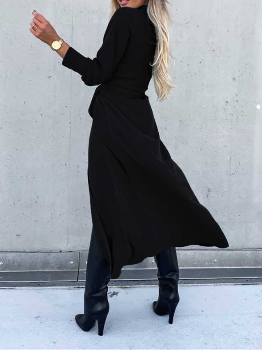 Bellevoga Long Solid Color Cardigan Long Sleeve Hem Dress