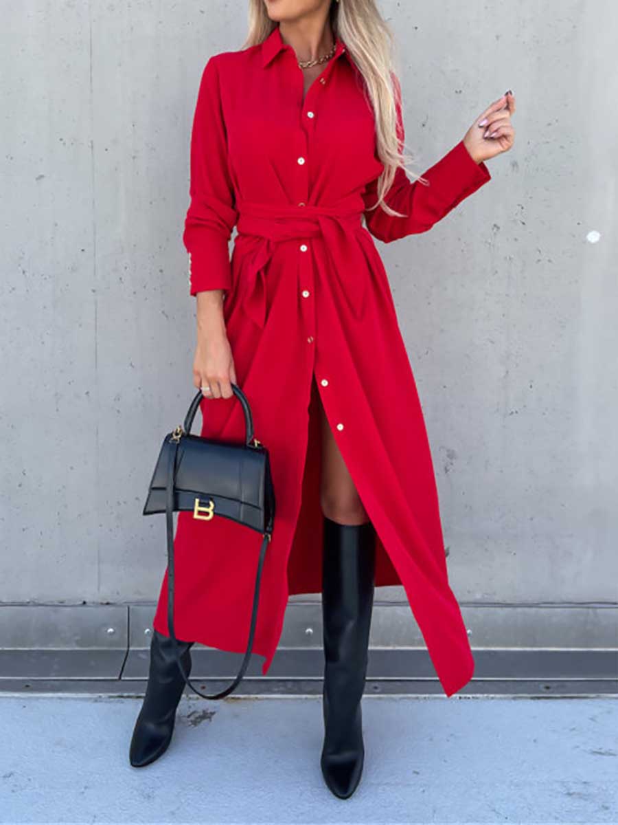 Bellevoga Long Solid Color Cardigan Long Sleeve Hem Dress