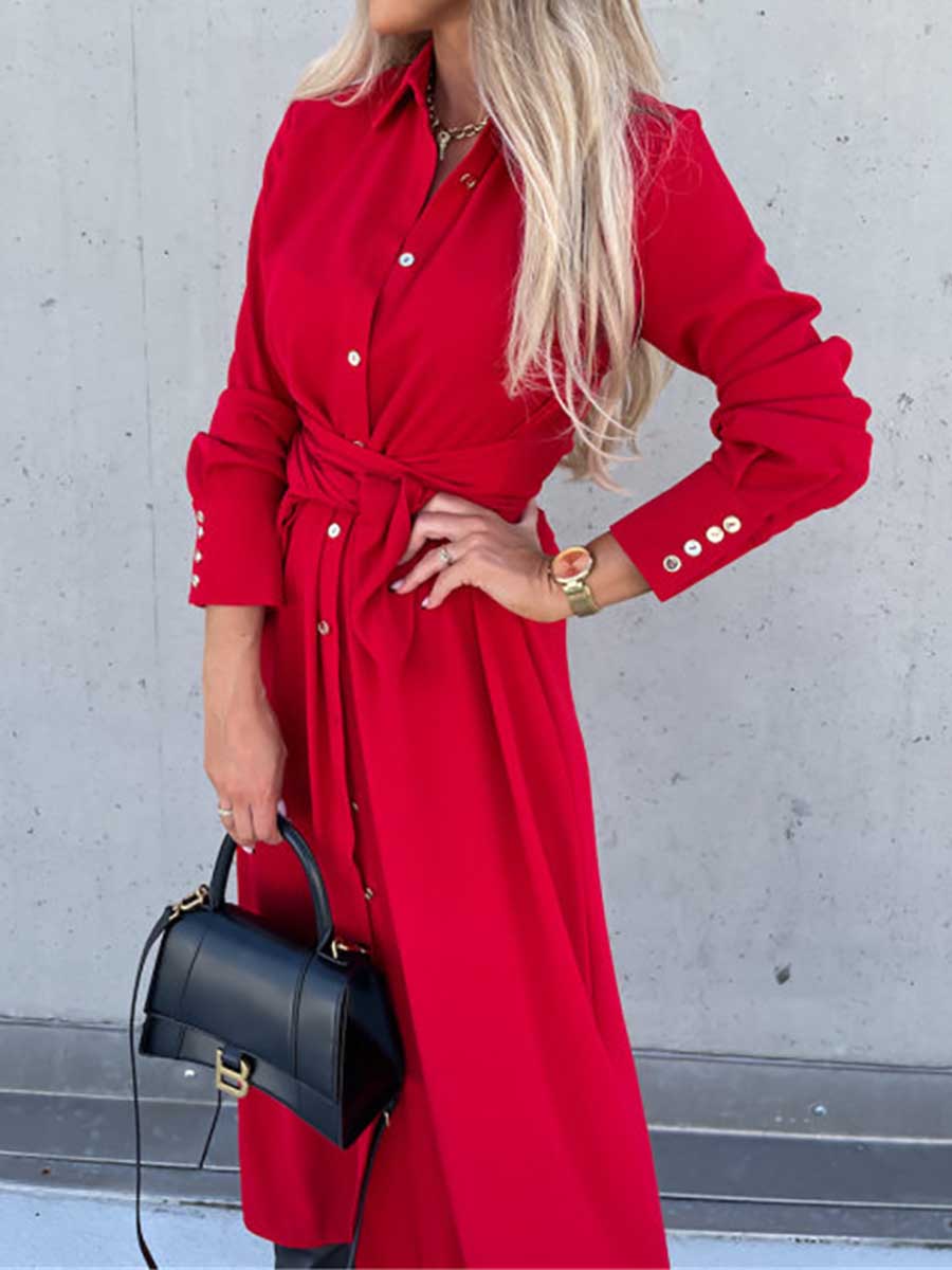 Bellevoga Long Solid Color Cardigan Long Sleeve Hem Dress