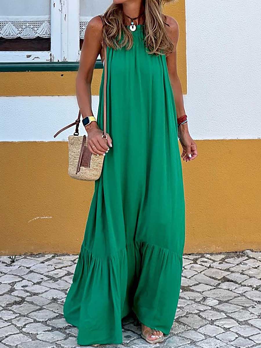 Bellevoga Fashion Temperament Solid Color Sleeveless Neck Long Dresses